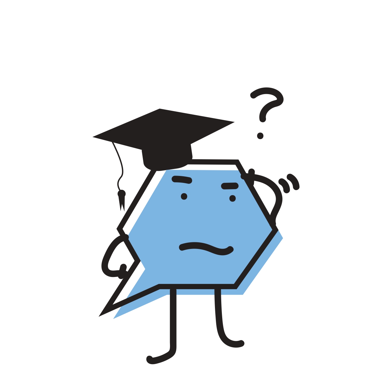 mascotte hexagone bleu qui se pose une question en se grattant la tête